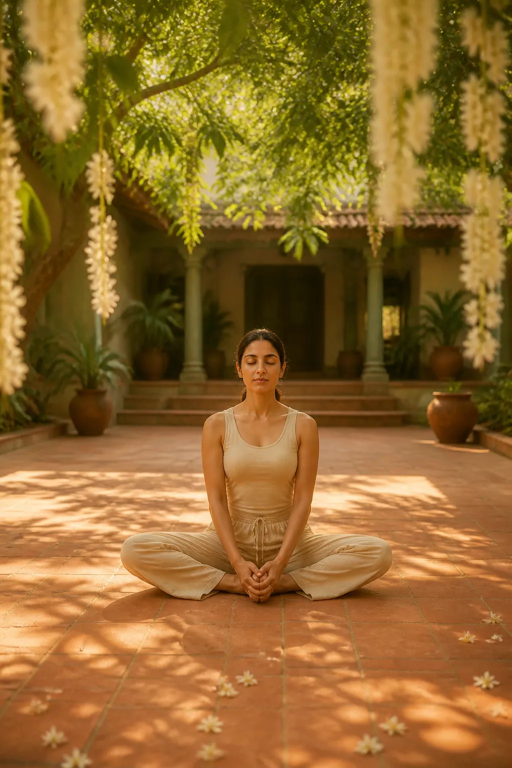 Woman practising seated yoga at dawn in a warm courtyard