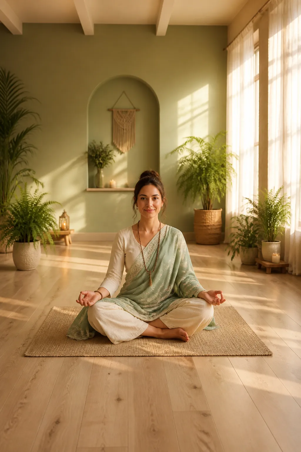 Ushayog yoga teacher in a peaceful sunlit studio at dawn